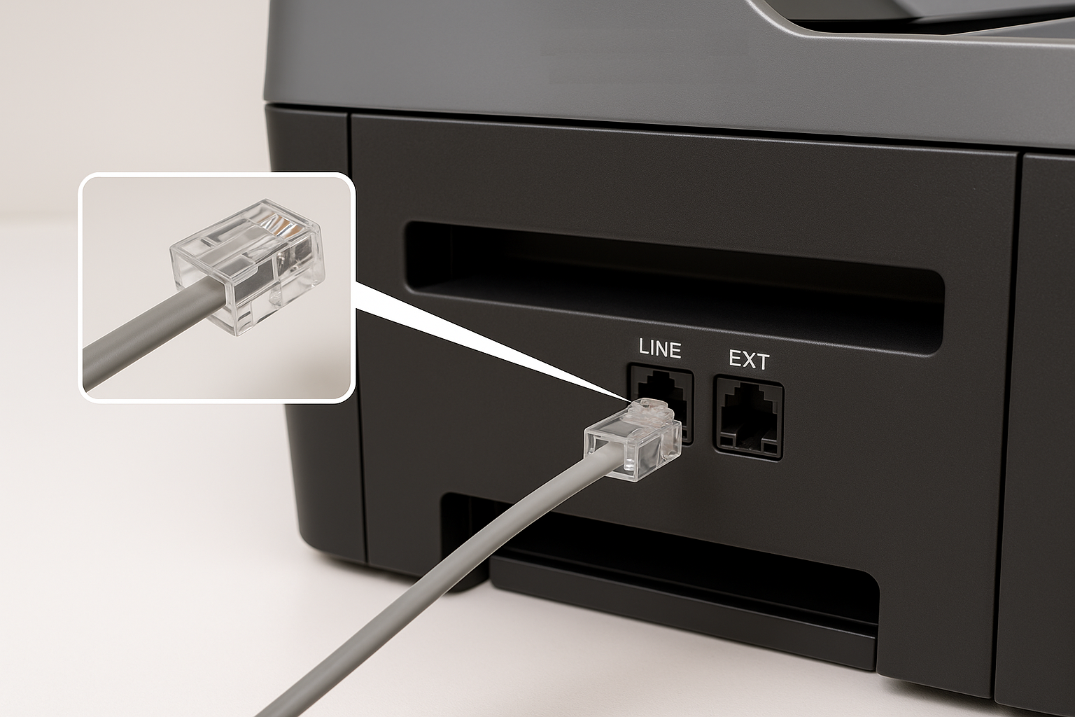 Cavo RJ-11 inserito nella presa LINE della stampante Brother; a fianco presa EXT per telefono